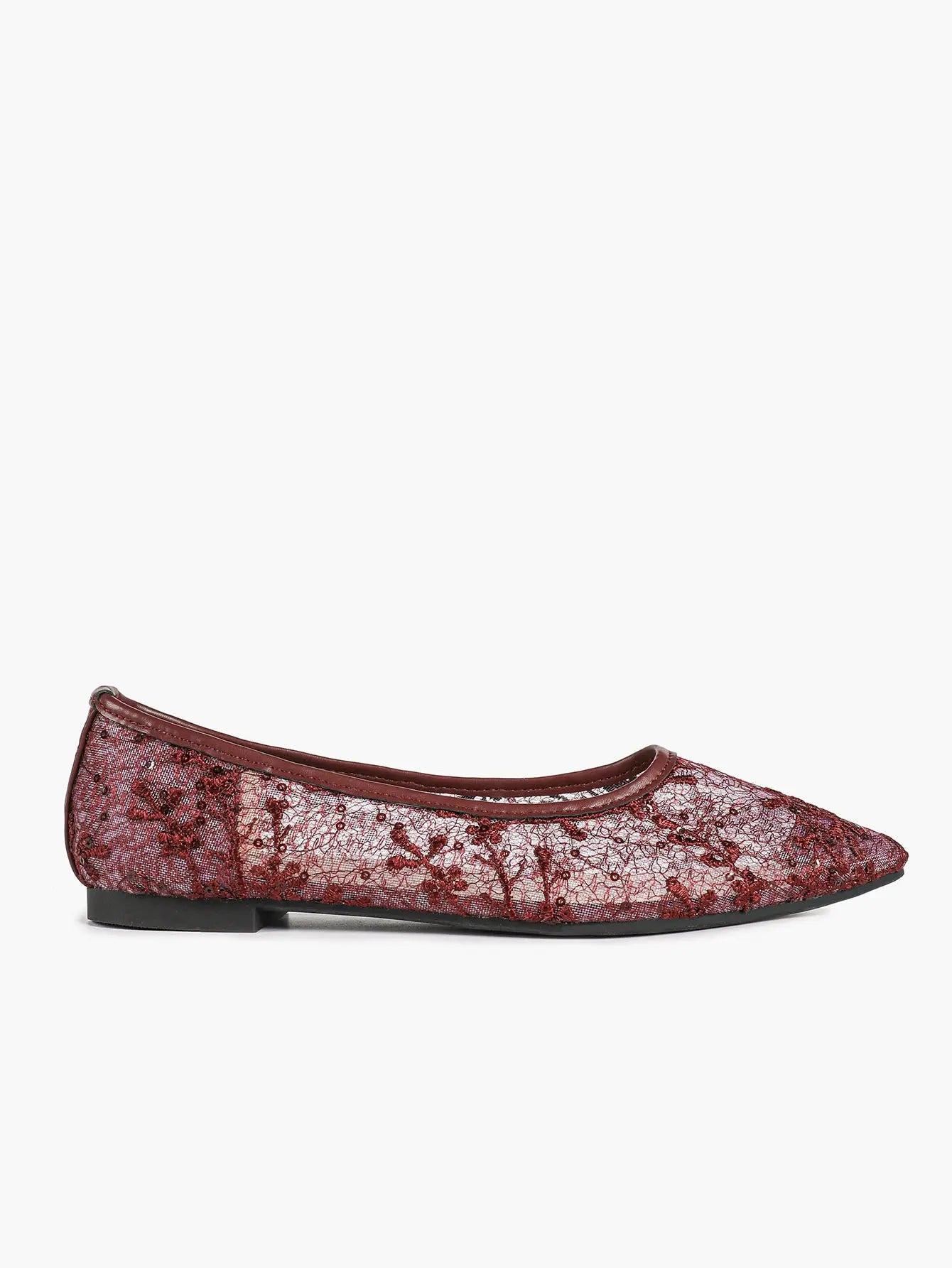 Wine Red Sequin Lace Mesh Pointed Toe Flats – Women's Floral Embroidery Ballet Flat with Iridescent Shimmer YISHIFAN
