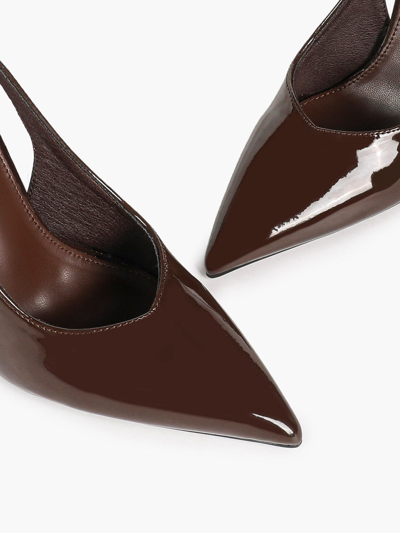 Brown Patent Pointed Toe Slingback Stilettos Strap-Free V-Cut Heels Pull-On Daily Casual Shoes