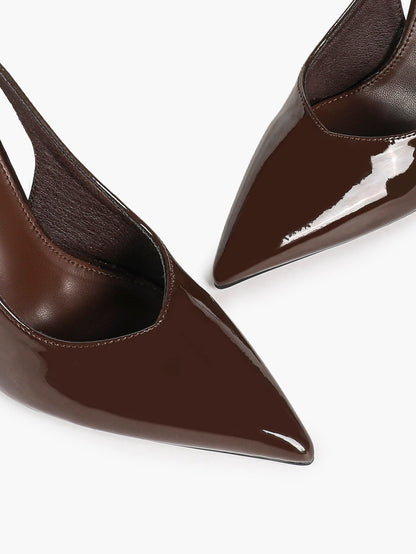 Brown Patent Pointed Toe Slingback Stilettos Strap-Free V-Cut Heels Pull-On Daily Casual Shoes