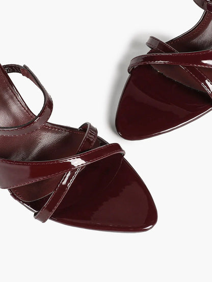 Women's Wine Red Patent Strappy High Heel Sandals Open Toe Slingback Stiletto with Ankle Buckle YISHIFAN