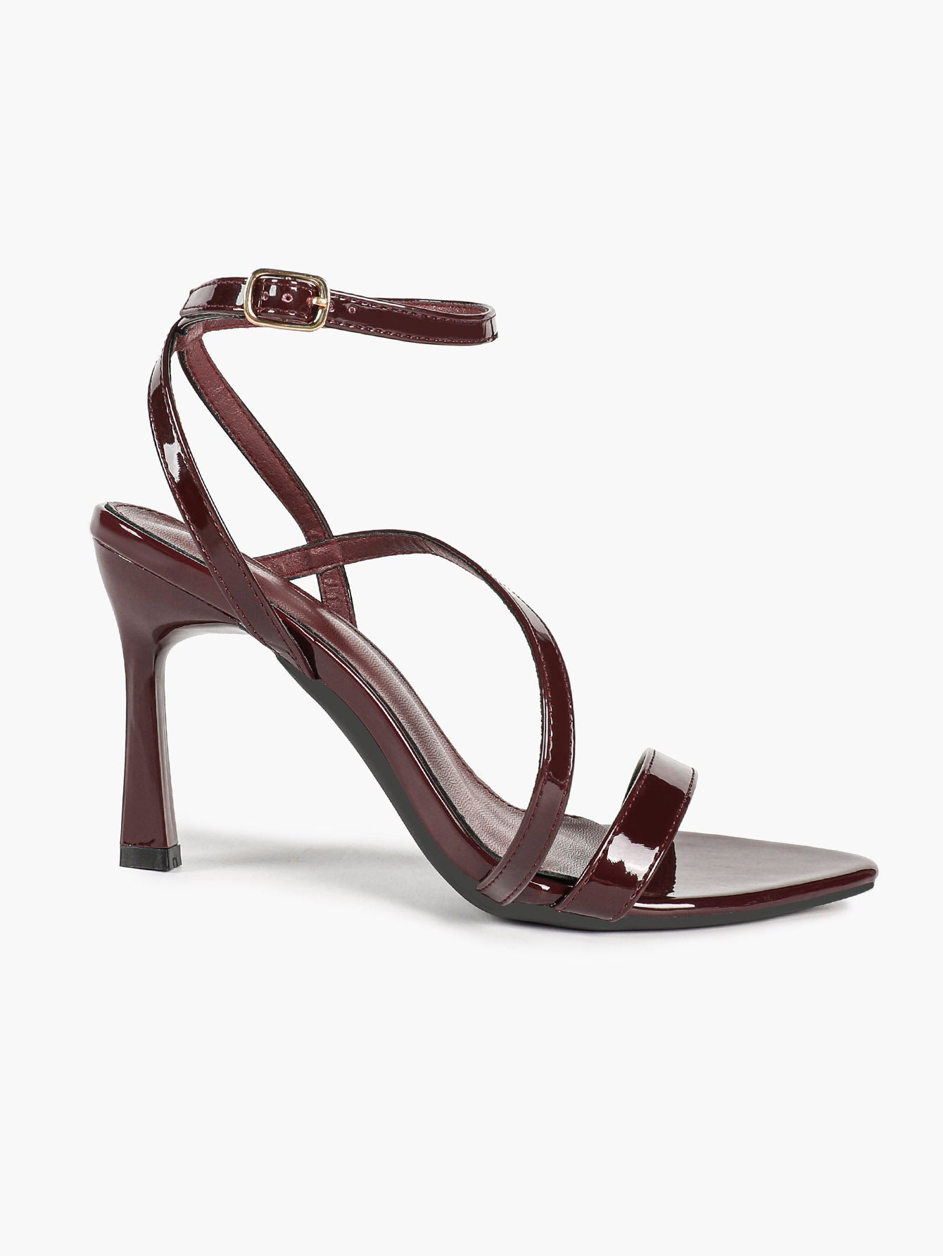 Burgundy Patent Asymmetrical Strap Sandals Pointed Open Toe Stiletto Heels Ankle Buckle Elegant Evening Shoes