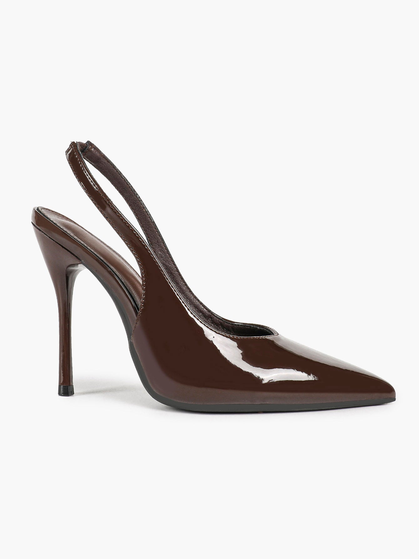 Brown Patent Pointed Toe Slingback Stilettos Strap-Free V-Cut Heels Pull-On Daily Casual Shoes