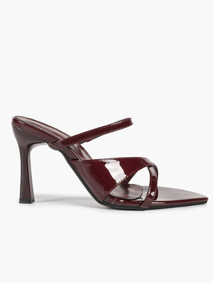 Women's Wine Red Patent Strappy High Heel Sandals Open Toe Slingback Stiletto with Ankle Buckle YISHIFAN