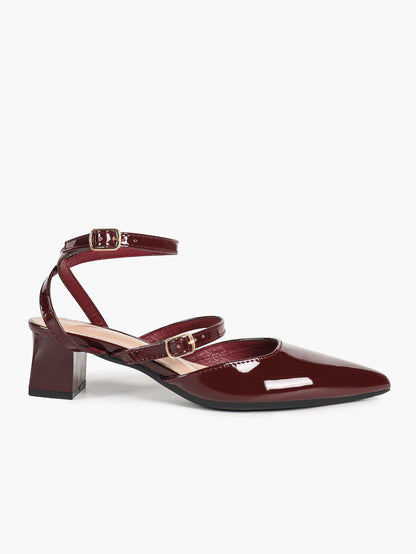 Burgundy Patent Cross-Strap Pointed-Toe Shoes with Comfort Block Heel