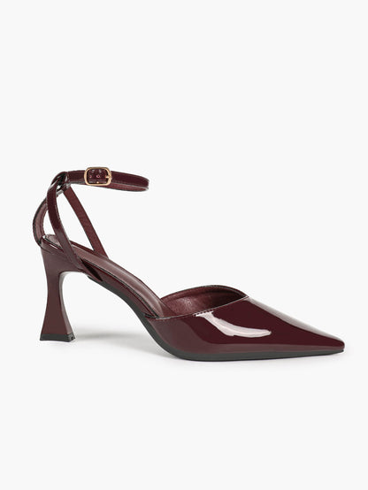 Burgundy Patent Low-Cut Stiletto Pumps Ankle Buckle Slingback Heels Daily Casual Outfits
