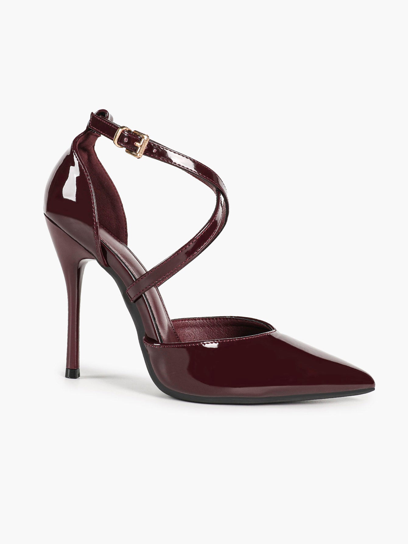 Women's Burgundy Patent Crisscross Strap Pointed Toe High Heels Ankle Buckle Pumps Party Night Out
