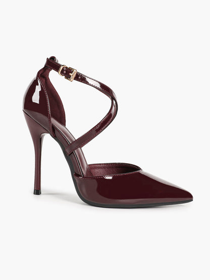 Women's Burgundy Patent Crisscross Strap Pointed Toe High Heels Ankle Buckle Pumps Party Night Out