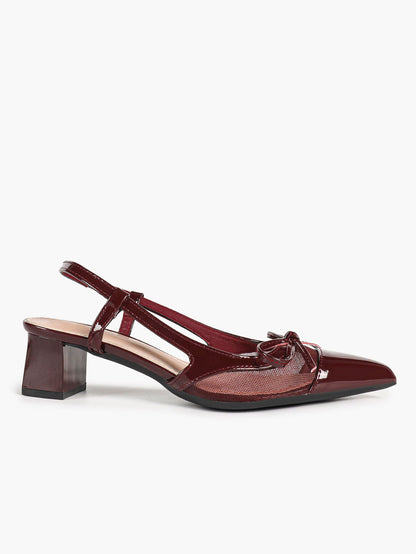 Burgundy Patent Bow Slingback Pumps with Mesh Panel and Comfort Heel