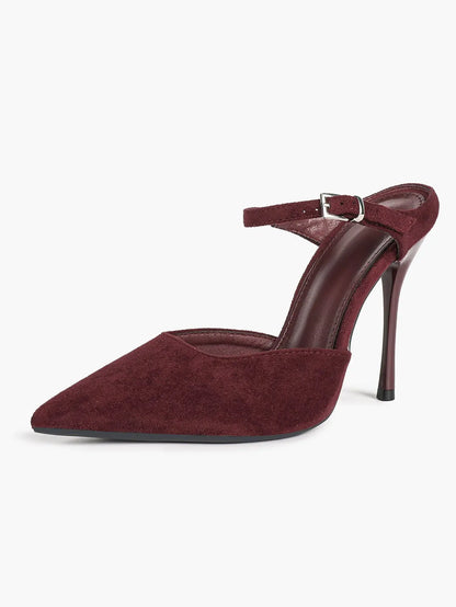 Women's Suede Pointed Toe D'Orsay Pumps Ankle Strap Stiletto High Heels with Buckle YISHIFAN