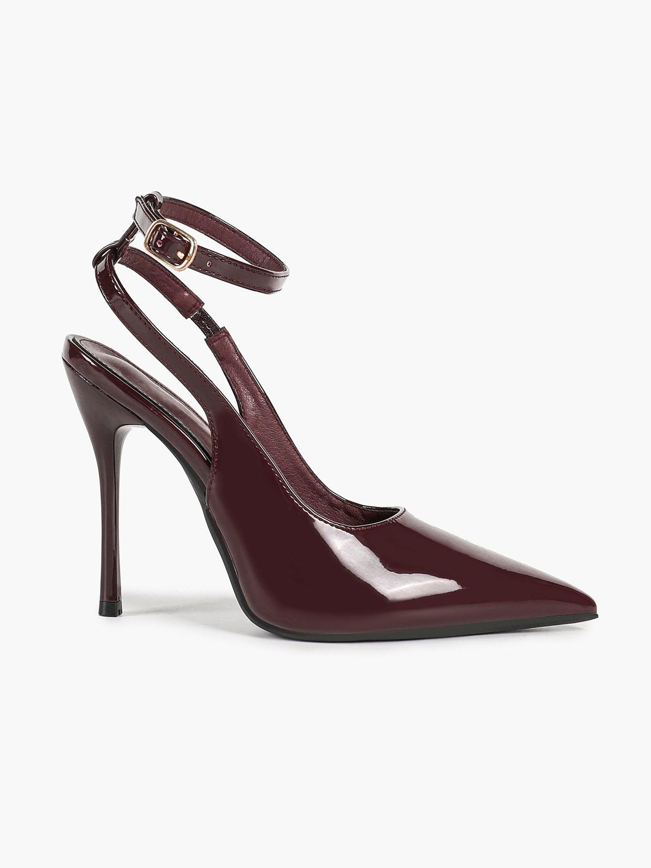 Burgundy Patent Pointed Toe Slingback Stilettos Ankle Buckle Strap-Free Upper Heels Date Night Shoes