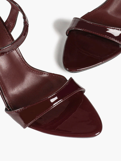 Deep Burgundy Patent Single-Strap Sandals - Minimalist Heels for Urban Chic
