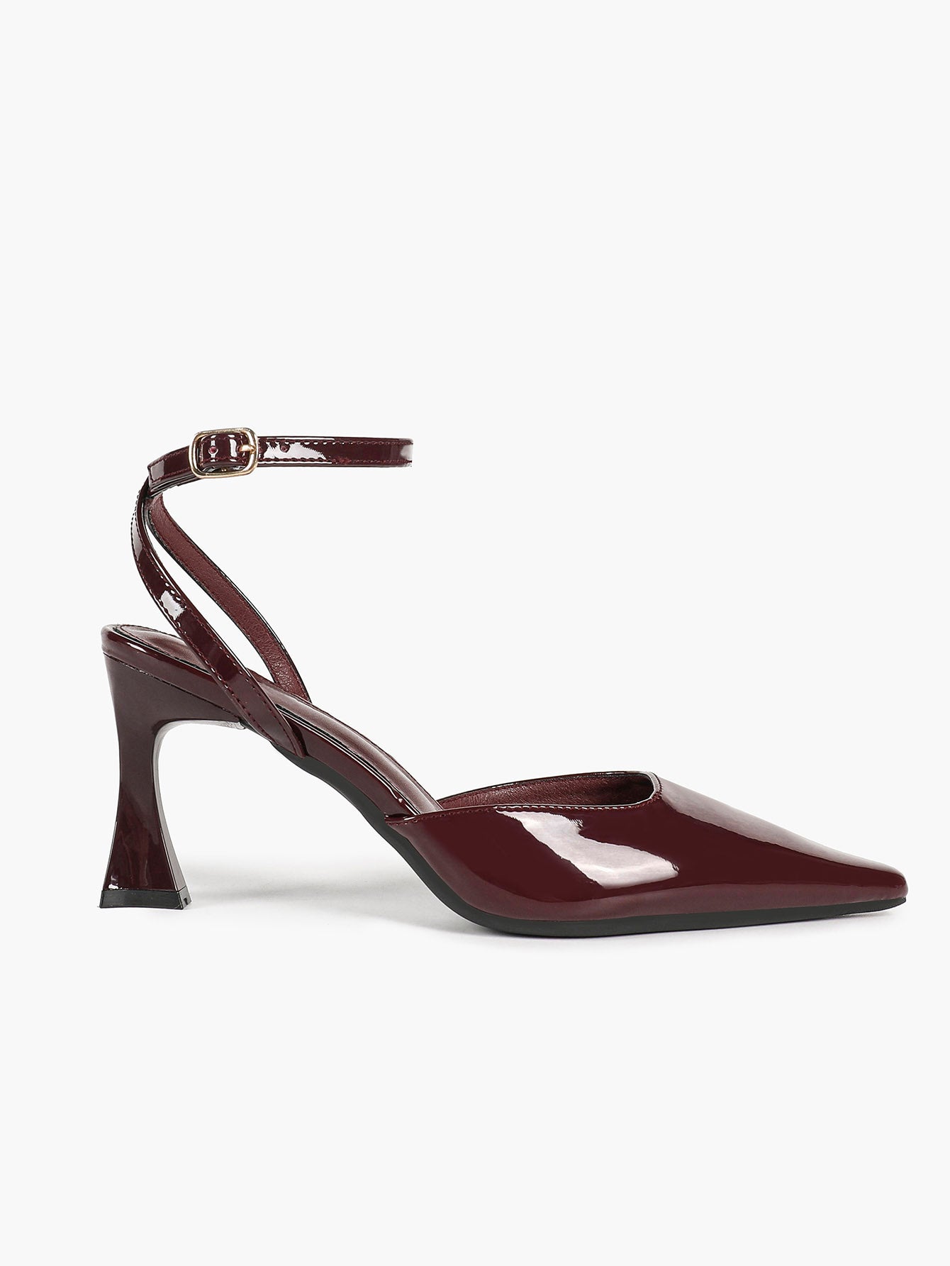 Burgundy Patent Pointed Toe Slingback Pumps Ankle Strap Flared Heels Office Formal Shoes