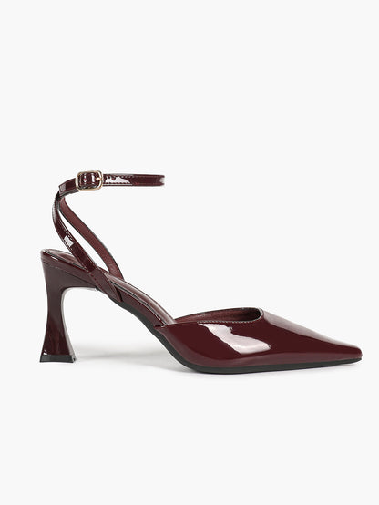 Burgundy Patent Pointed Toe Slingback Pumps Ankle Strap Flared Heels Office Formal Shoes