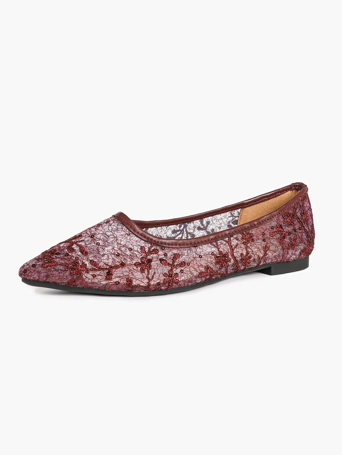 Wine Red Sequin Lace Mesh Pointed Toe Flats – Women's Floral Embroidery Ballet Flat with Iridescent Shimmer YISHIFAN