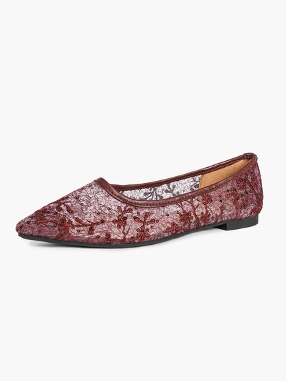 Wine Red Sequin Lace Mesh Pointed Toe Flats – Women's Floral Embroidery Ballet Flat with Iridescent Shimmer YISHIFAN