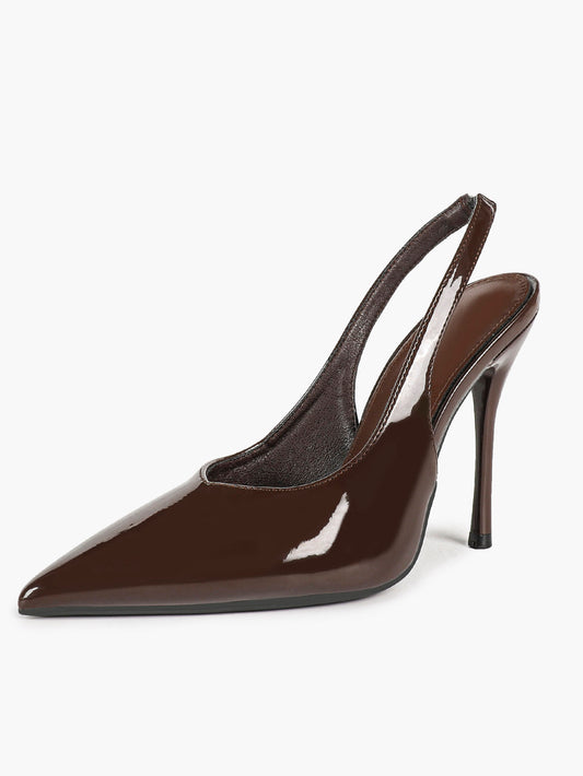 Brown Patent Pointed Toe Slingback Stilettos Strap-Free V-Cut Heels Pull-On Daily Casual Shoes