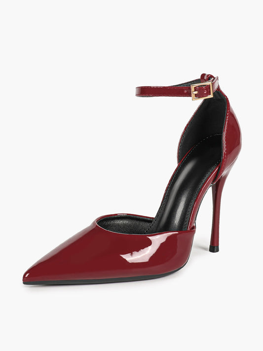 Glossy Red Wine Stiletto Pumps - Pointed Toe Ankle Strap Heels with Anti-Slip Sole