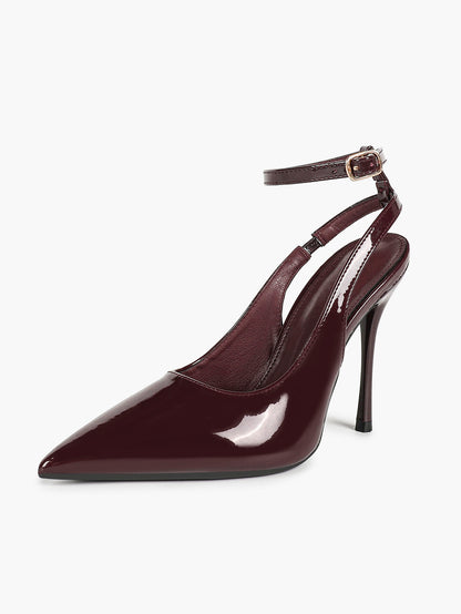 Burgundy Patent Pointed Toe Slingback Stilettos Ankle Buckle Strap-Free Upper Heels Date Night Shoes