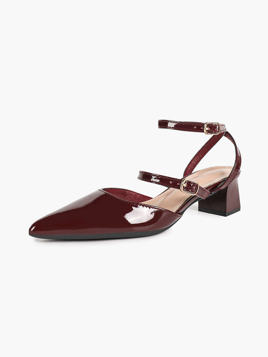 Burgundy Patent Cross-Strap Pointed-Toe Shoes with Comfort Block Heel