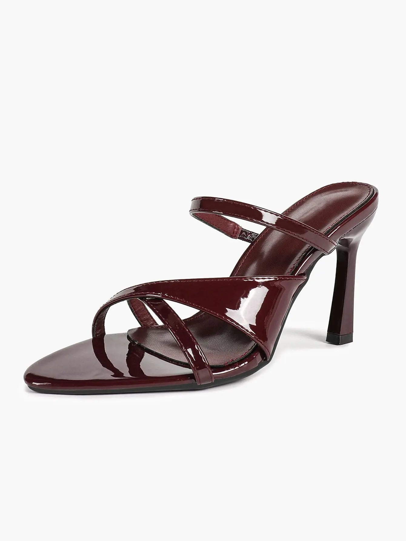 Women's Wine Red Patent Strappy High Heel Sandals Open Toe Slingback Stiletto with Ankle Buckle YISHIFAN
