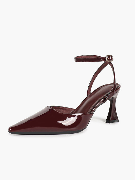 Burgundy Patent Pointed Toe Slingback Pumps Ankle Strap Flared Heels Office Formal Shoes
