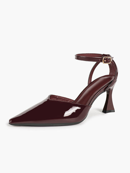 Burgundy Patent Low-Cut Stiletto Pumps Ankle Buckle Slingback Heels Daily Casual Outfits
