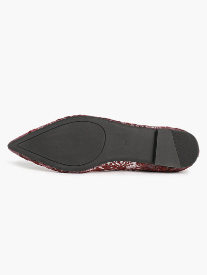 Wine Red Sequin Lace Mesh Pointed Toe Flats – Women's Floral Embroidery Ballet Flat with Iridescent Shimmer YISHIFAN