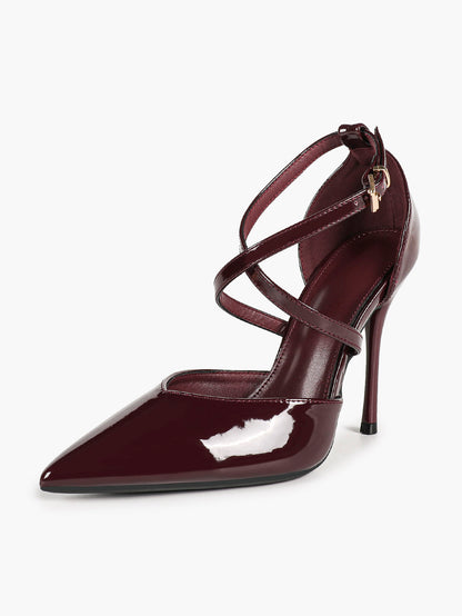 Women's Burgundy Patent Crisscross Strap Pointed Toe High Heels Ankle Buckle Pumps Party Night Out
