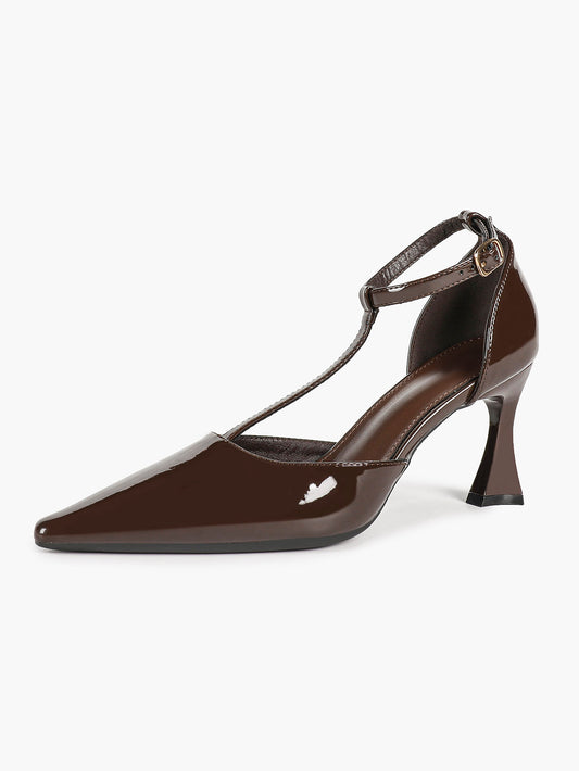 Women's Brown Patent T-Strap Stiletto Heels Ankle Buckle Pointed Toe Slingback Pumps Party Work Shoes