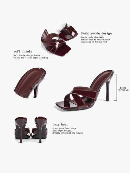 Women's Leather Mule Sandals Block Heel Cross Strap Slip with 3.74 Inch Heel For Daily Casual Office Dress Shoes YISHIFAN