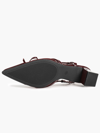 Burgundy Patent Bow Slingback Pumps with Mesh Panel and Comfort Heel
