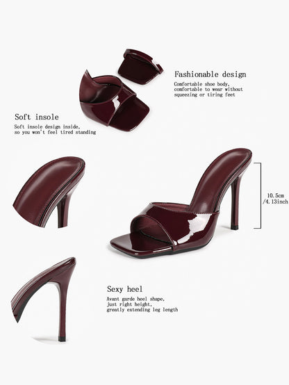 Women's White Patent Square Toe Stiletto Mules Slip-On Single Band Summer Vacation Shoes