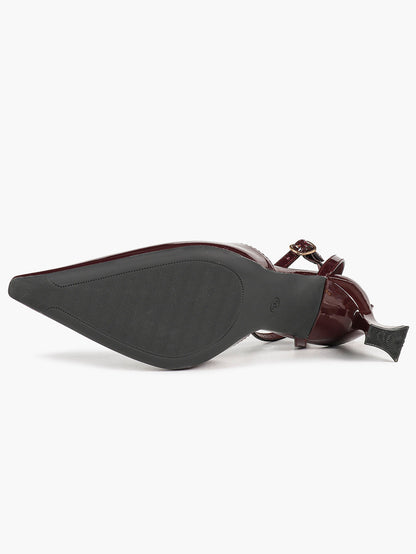 Burgundy Patent Low-Cut Stiletto Pumps Ankle Buckle Slingback Heels Daily Casual Outfits