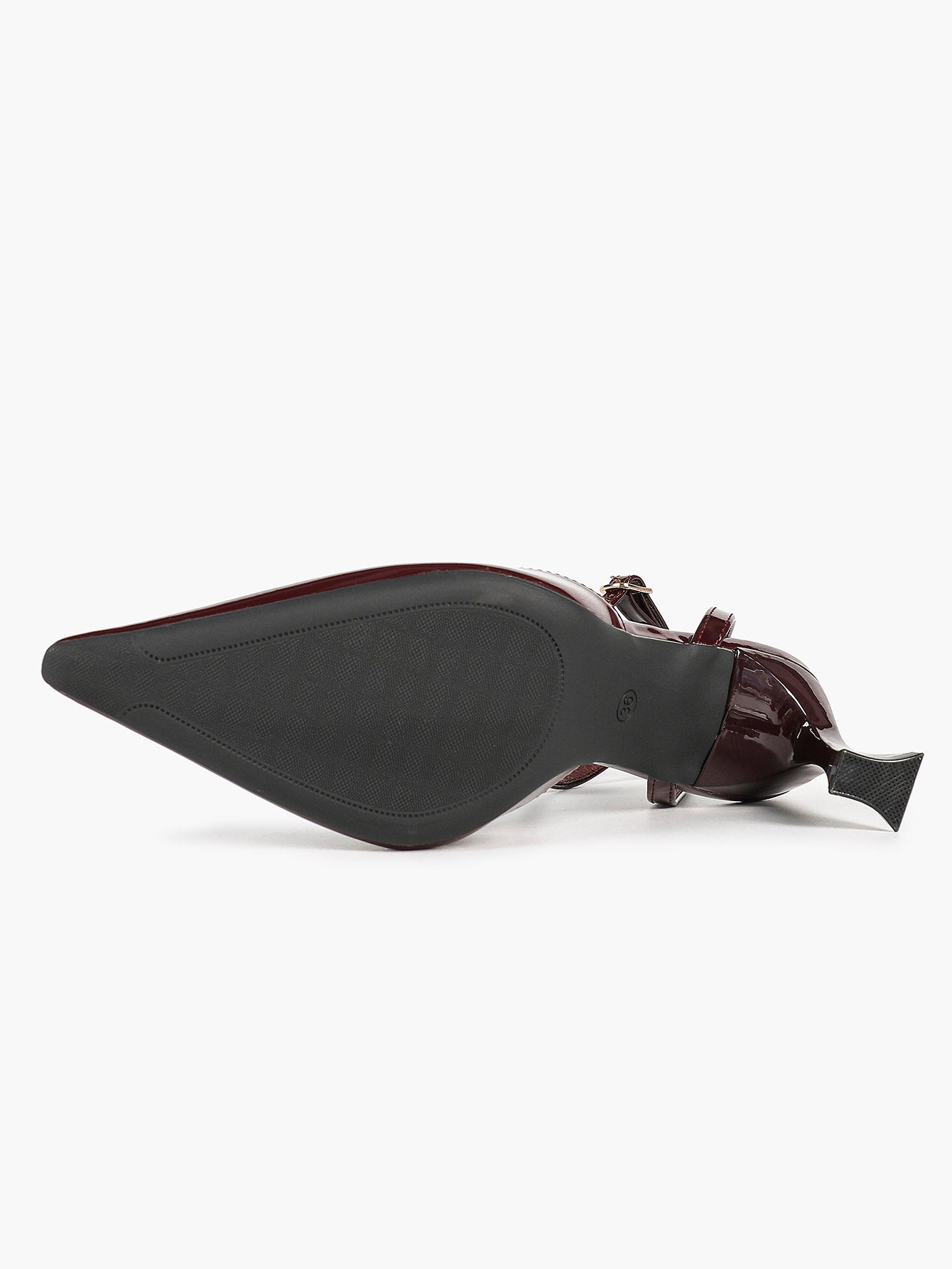 Burgundy Patent Pointed Toe Slingback Pumps Ankle Strap Flared Heels Office Formal Shoes