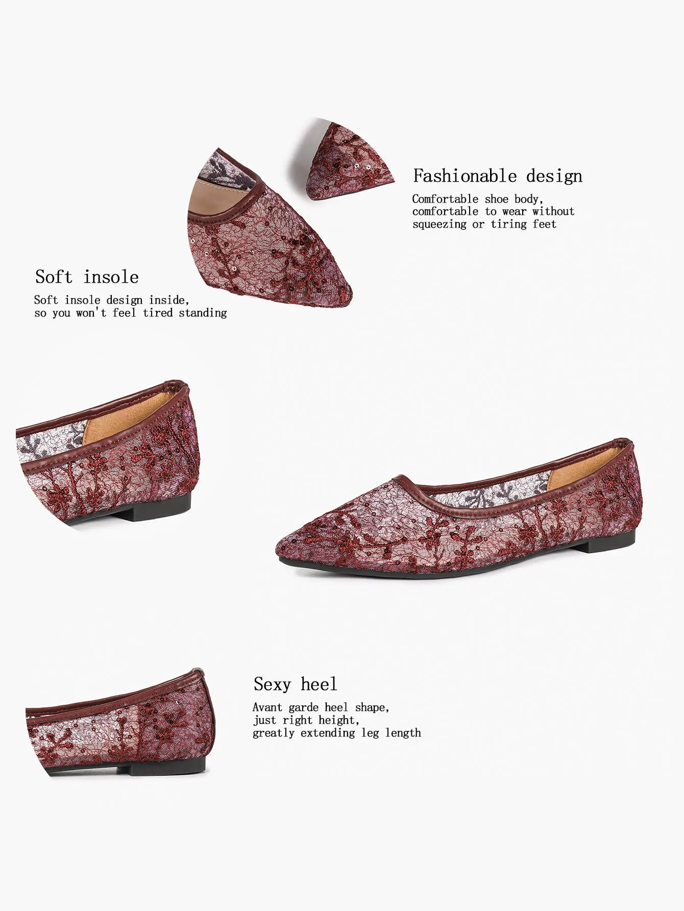 Wine Red Sequin Lace Mesh Pointed Toe Flats – Women's Floral Embroidery Ballet Flat with Iridescent Shimmer YISHIFAN