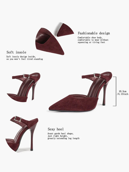 Women's Suede Pointed Toe D'Orsay Pumps Ankle Strap Stiletto High Heels with Buckle YISHIFAN