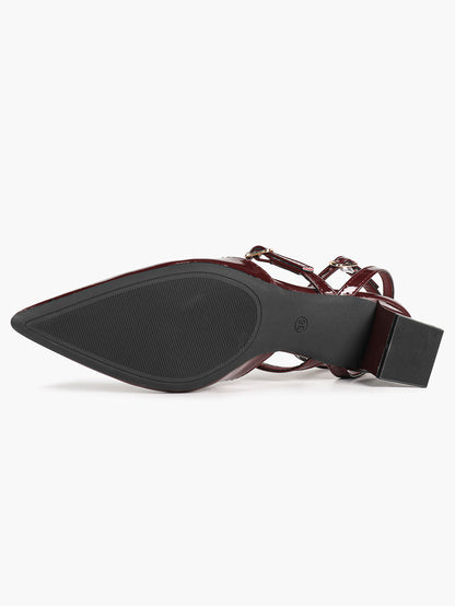 Burgundy Patent Cross-Strap Pointed-Toe Shoes with Comfort Block Heel