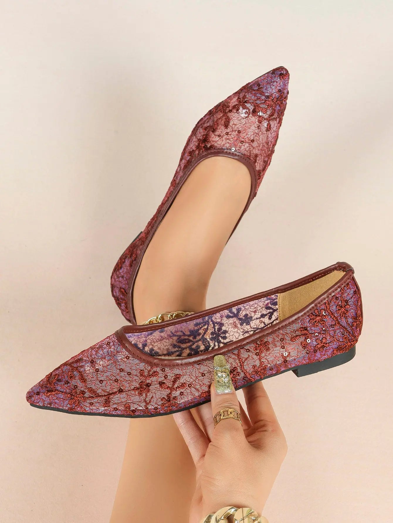 Wine Red Sequin Lace Mesh Pointed Toe Flats – Women's Floral Embroidery Ballet Flat with Iridescent Shimmer YISHIFAN