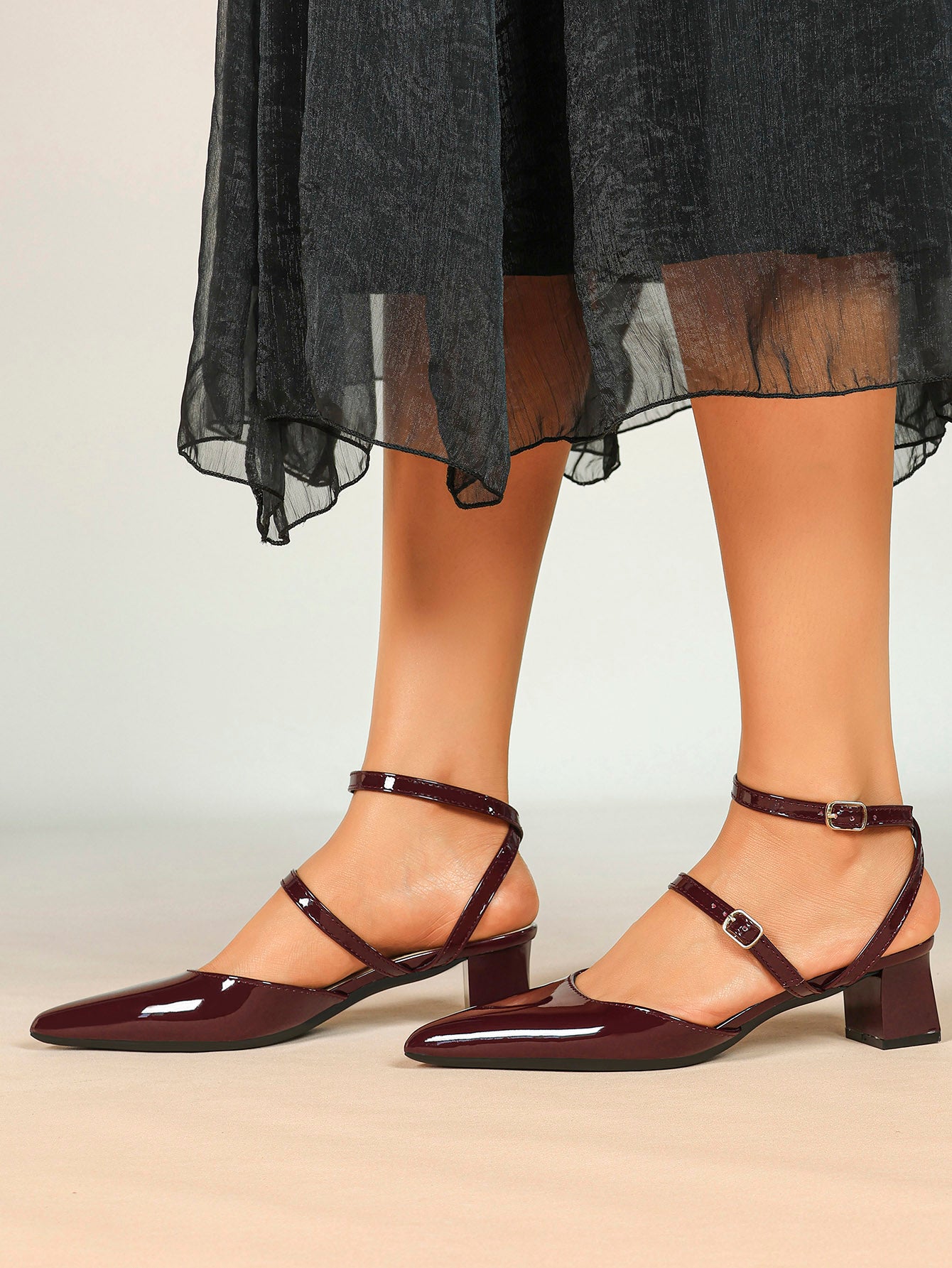 Burgundy Patent Cross-Strap Pointed-Toe Shoes with Comfort Block Heel