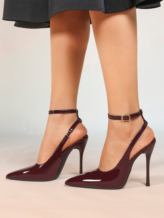 Burgundy Patent Pointed Toe Slingback Stilettos Ankle Buckle Strap-Free Upper Heels Date Night Shoes