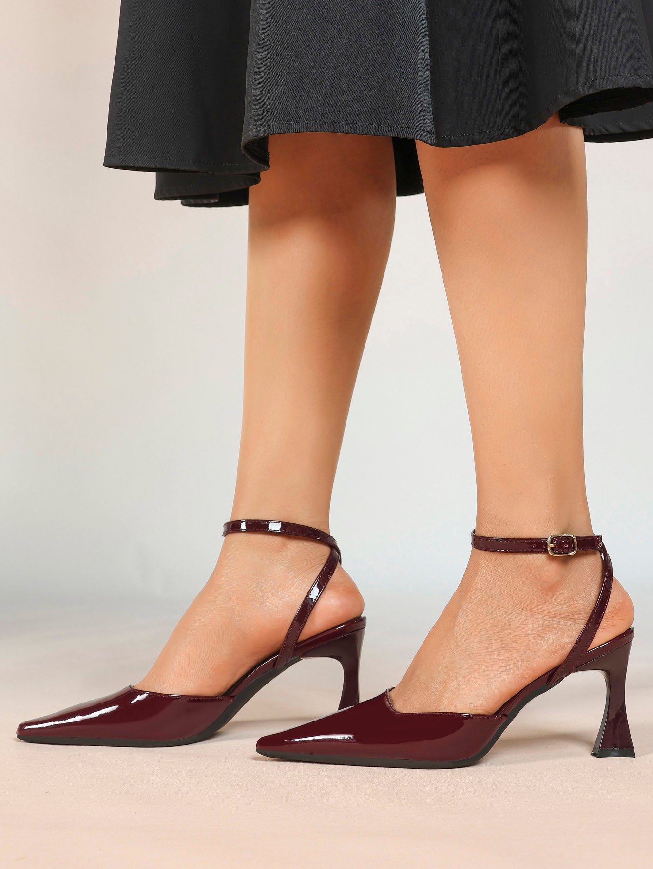 Burgundy Patent Pointed Toe Slingback Pumps Ankle Strap Flared Heels Office Formal Shoes