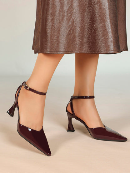 Burgundy Patent Low-Cut Stiletto Pumps Ankle Buckle Slingback Heels Daily Casual Outfits