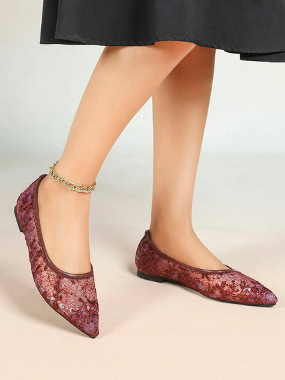Wine Red Sequin Lace Mesh Pointed Toe Flats – Women's Floral Embroidery Ballet Flat with Iridescent Shimmer YISHIFAN