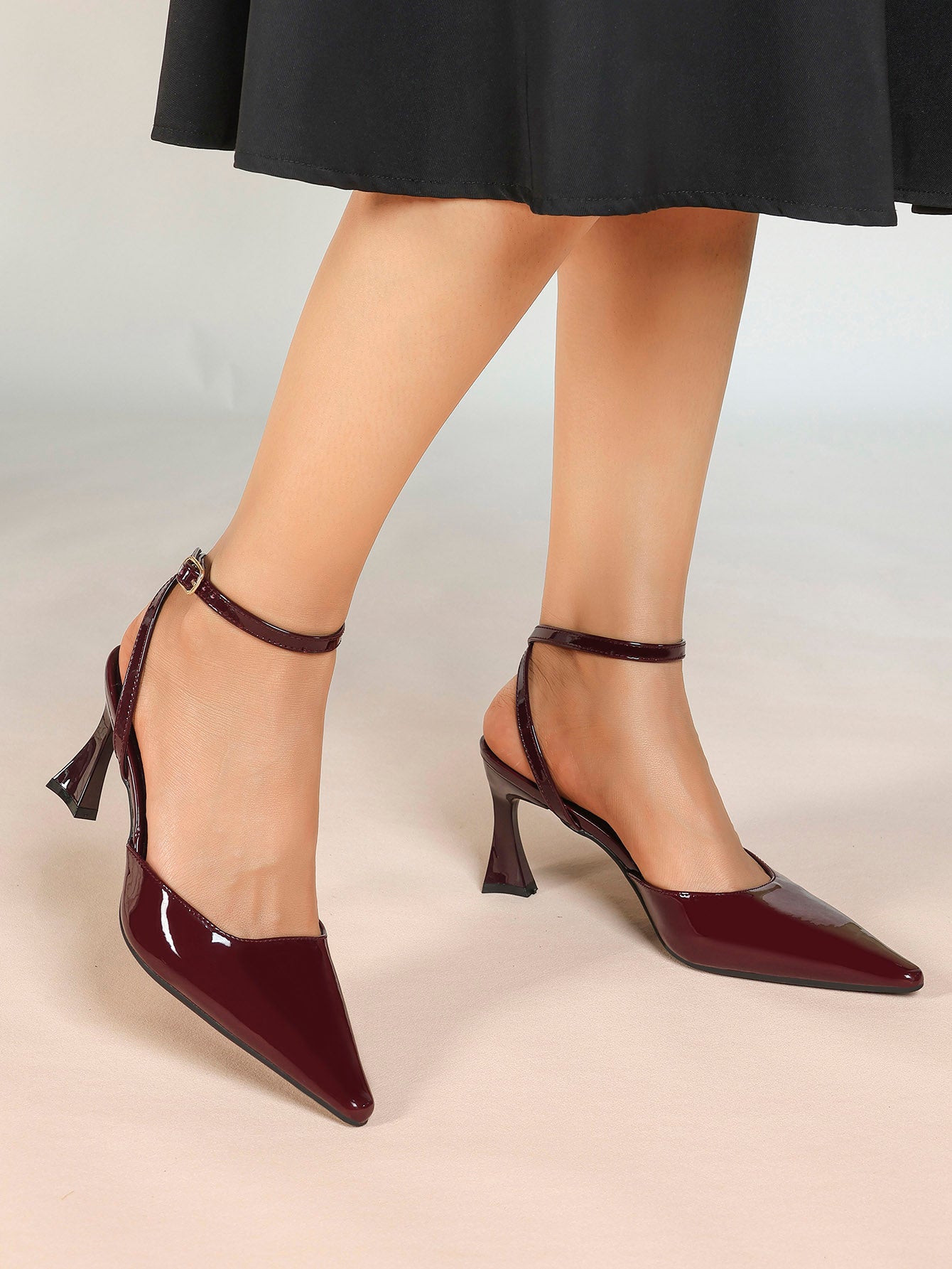 Burgundy Patent Pointed Toe Slingback Pumps Ankle Strap Flared Heels Office Formal Shoes