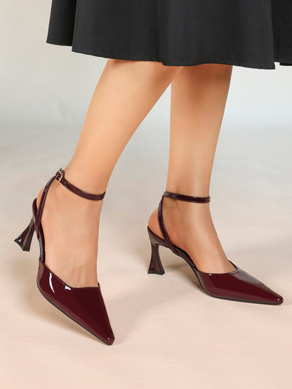 Burgundy Patent Pointed Toe Slingback Pumps Ankle Strap Flared Heels Office Formal Shoes