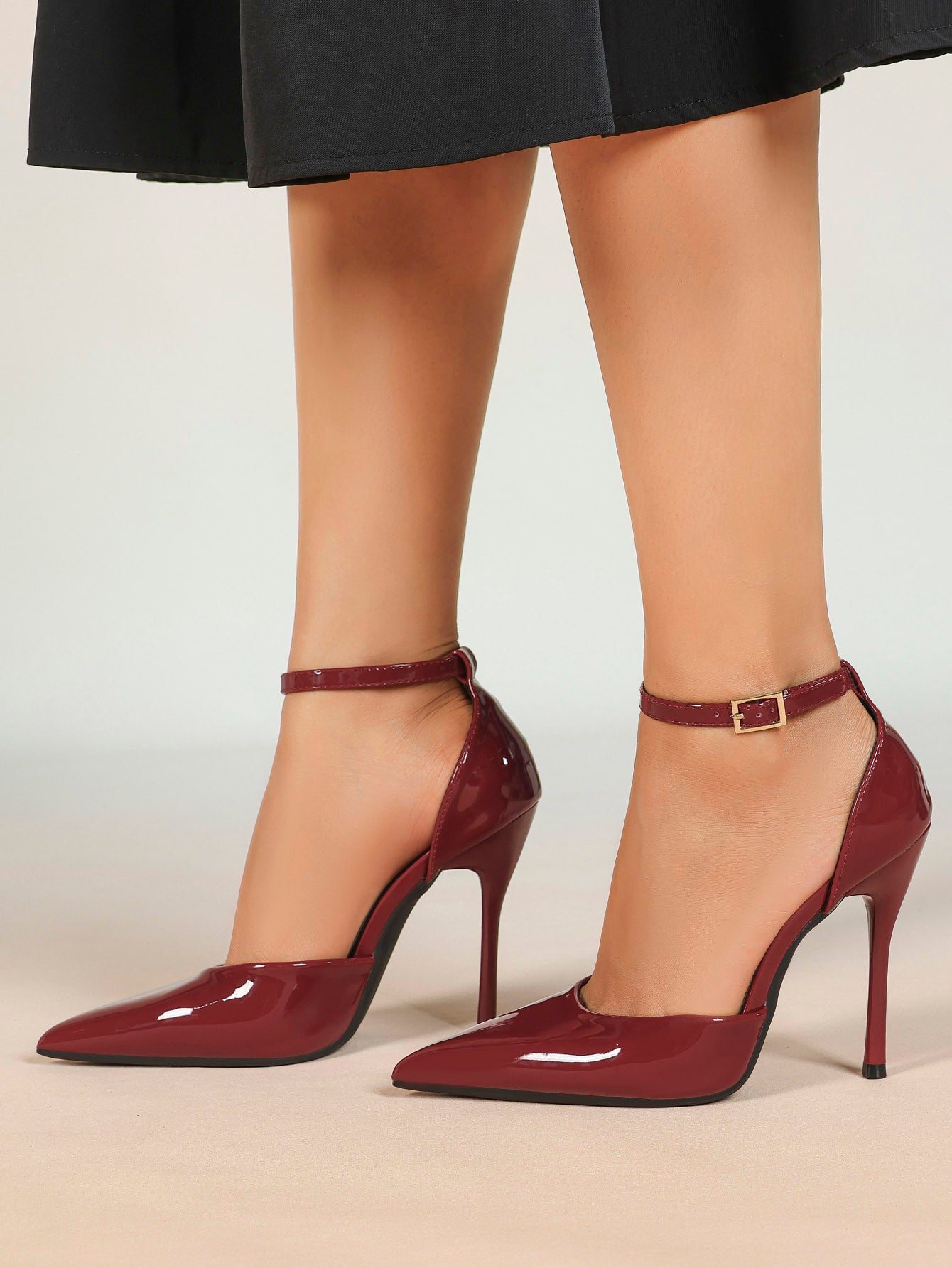 Glossy Red Wine Stiletto Pumps - Pointed Toe Ankle Strap Heels with Anti-Slip Sole