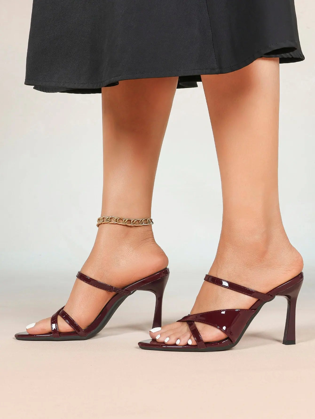 Women's Wine Red Patent Strappy High Heel Sandals Open Toe Slingback Stiletto with Ankle Buckle YISHIFAN