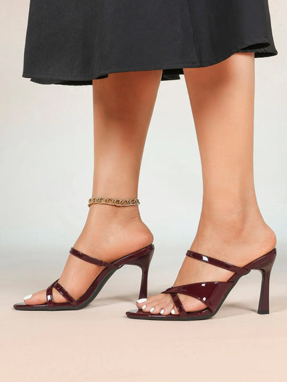 Women's Wine Red Patent Strappy High Heel Sandals Open Toe Slingback Stiletto with Ankle Buckle YISHIFAN