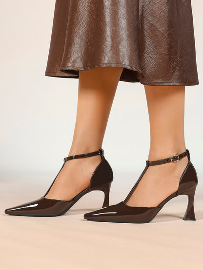Women's Brown Patent T-Strap Stiletto Heels Ankle Buckle Pointed Toe Slingback Pumps Party Work Shoes