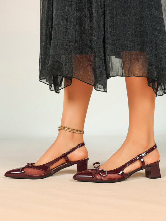 Burgundy Patent Bow Slingback Pumps with Mesh Panel and Comfort Heel